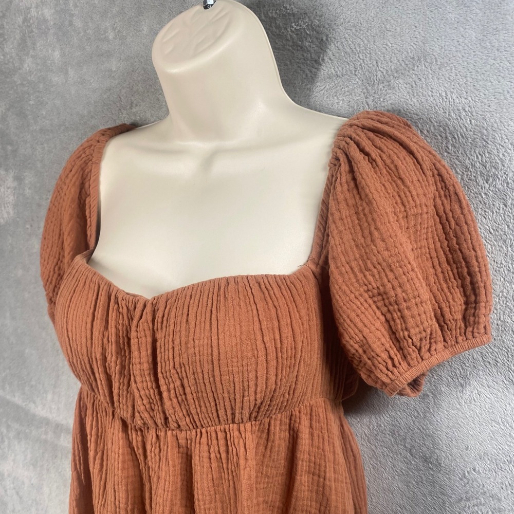 Princess Polly Mini Dress Size 6 Milkmaid Puff Sleeve Gauze Cottage Earthy Boho - Picture 3 of 9